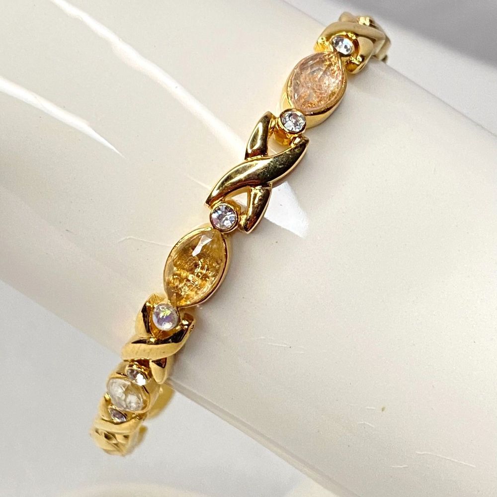💎Gold Tone Rhinestone X Oval Link Bracelet Box Clasp Vintage